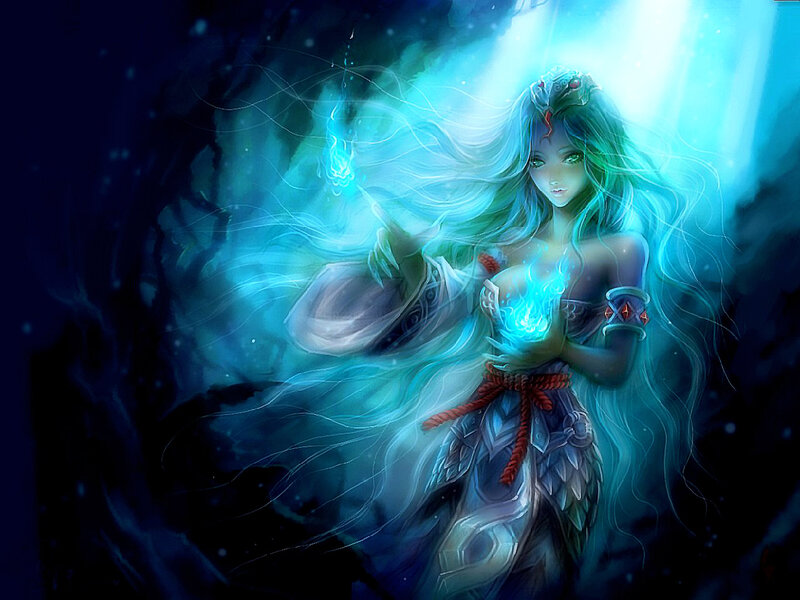 Female Fantasy Character — Blue, Dramatic, Night, Digital Art, Long Hair