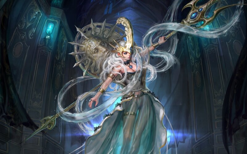Female Fantasy Character — Blue, Dramatic, Night, Digital Art, Staff, Shield