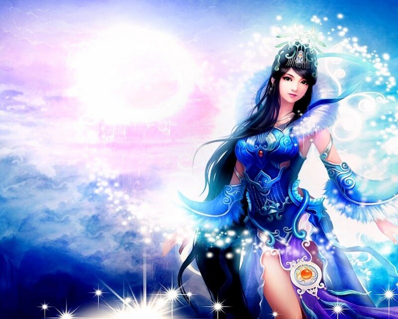 Female Fantasy Character — Blue, Ethereal, Digital Art, Long Hair