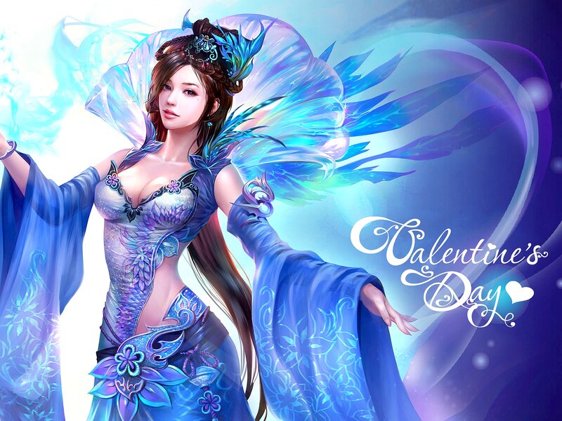 Female Fantasy Character — Blue, Ethereal, Digital Art, Wings