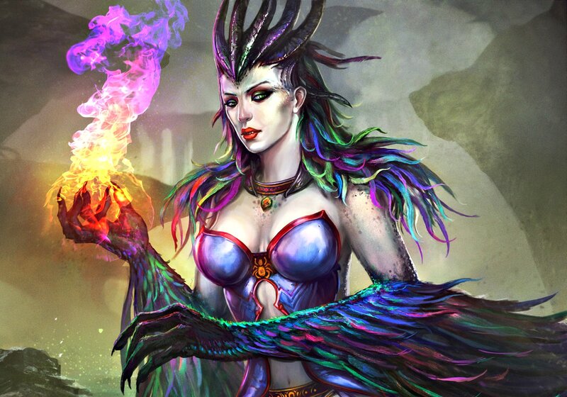 Female Fantasy Character — Purple, Dramatic, Digital Art, Fire, Wings
