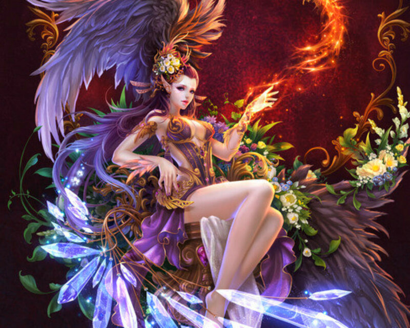 Female Fantasy Character — Purple, Dramatic, Digital Art, Wings, Flowers