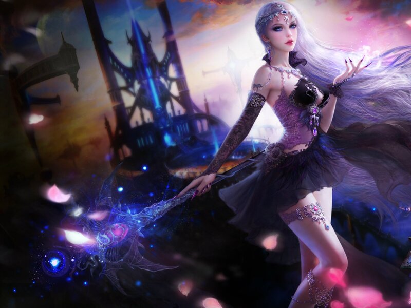Female Fantasy Character — Purple, Dramatic, Night, Digital Art, Castle