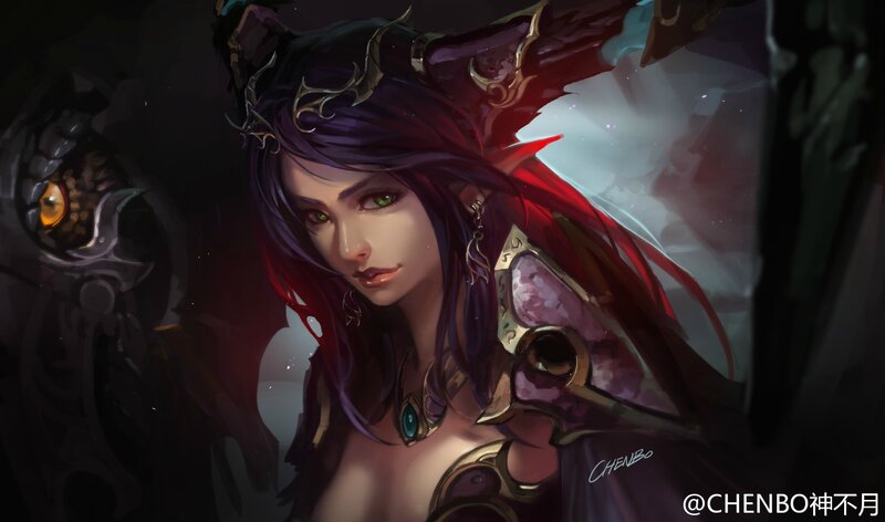 Female Fantasy Character — Purple, Dramatic, Night, Digital Art, Green Eyes