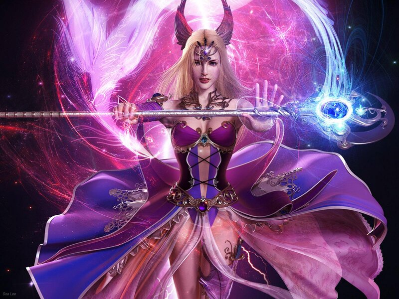 Female Fantasy Character — Purple, Dramatic, Night, Digital Art, Staff, Cape
