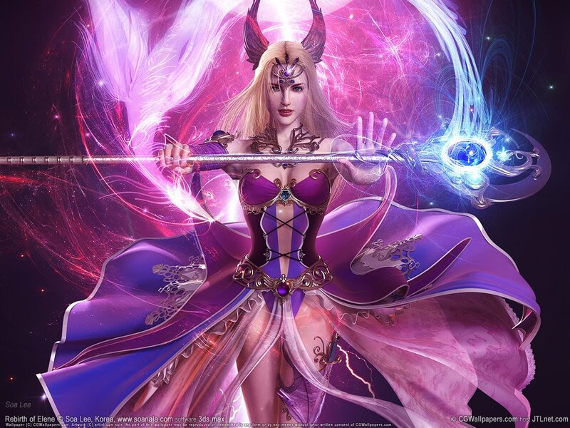 Female Fantasy Character — Purple, Dramatic, Night, Digital Art, Staff, Wings, Magic