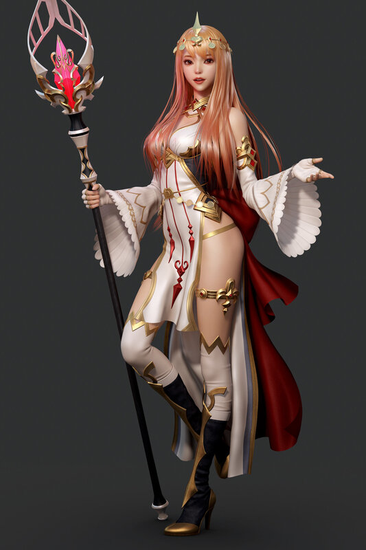 Female Fantasy Character — White, Dramatic, 3d Render, Staff