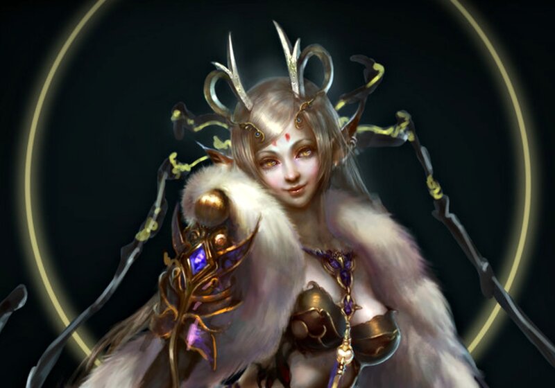 Female Fantasy Character — White, Dramatic, Night, Digital Art, Fur Cloak