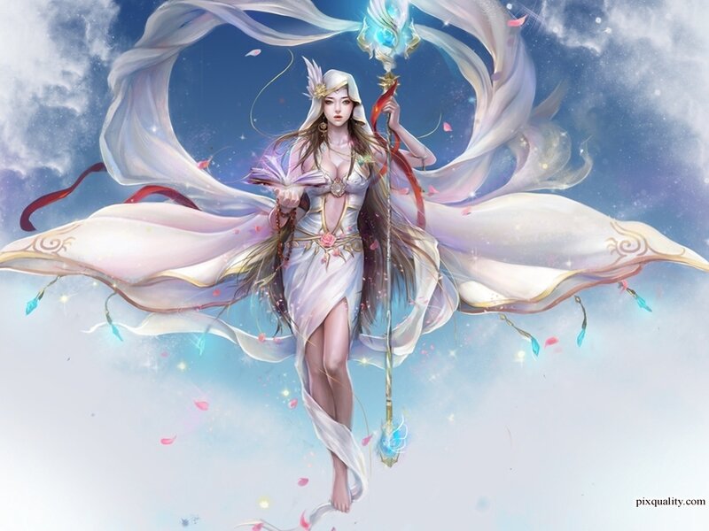 Female Fantasy Character — White, Serene, Digital Art, Staff, Book