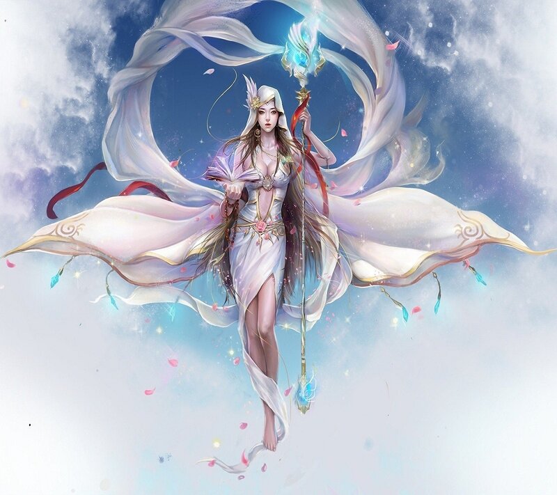 Female Fantasy Character — White, Serene, Digital Art, Staff, Robe, Clouds, Petals