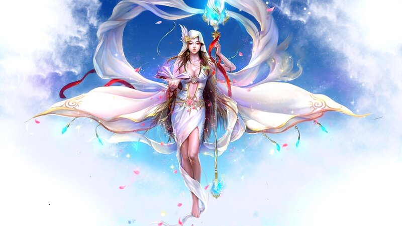 Female Fantasy Character — White, Serene, Digital Art, Staff, Robe