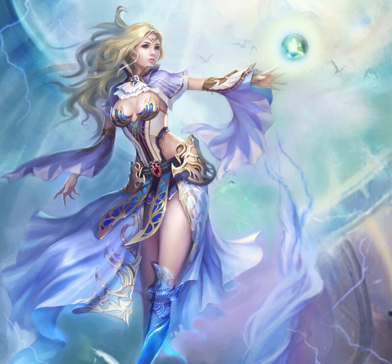 Female Fantasy Mage — Blue, Dramatic, Digital Art, Magic Sphere