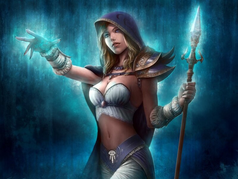 Female Fantasy Mage — Blue, Dramatic, Digital Art, Staff