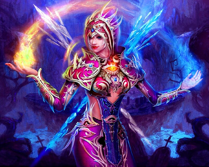 Female Fantasy Mage — Purple, Dramatic, Night, Digital Art, Fire