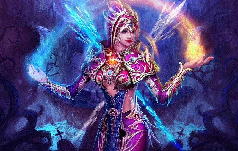 Female Fantasy Mage — Purple, Dramatic, Night, Digital Art, Fireball