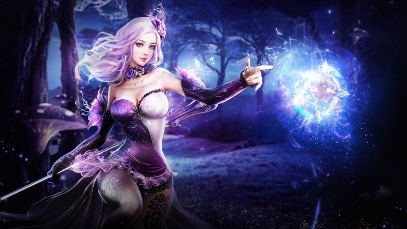 Female Fantasy Mage — Purple, Dramatic, Night, Digital Art, Forest