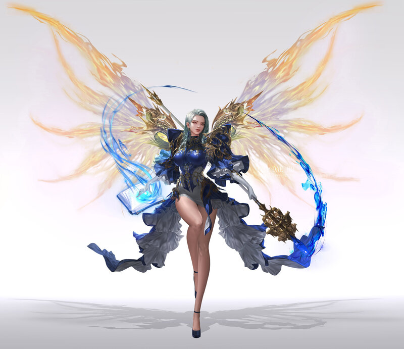 Female Fantasy Warrior — Blue, Dramatic, Digital Art, Wings