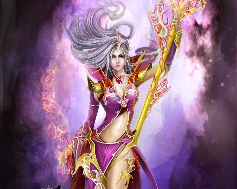 Female Fantasy Warrior — Purple, Dramatic, Digital Art, Staff, Fire