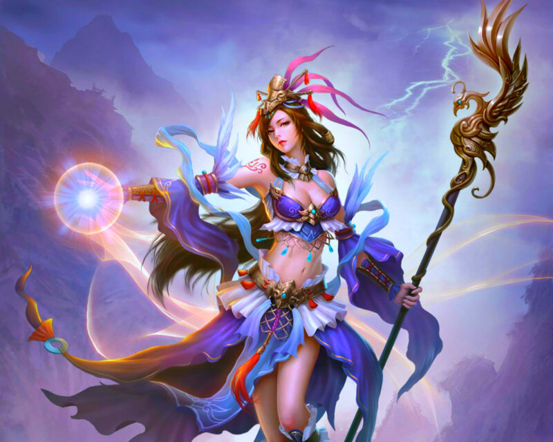Female Fantasy Warrior — Purple, Dramatic, Digital Art, Staff, Magic, Mountains