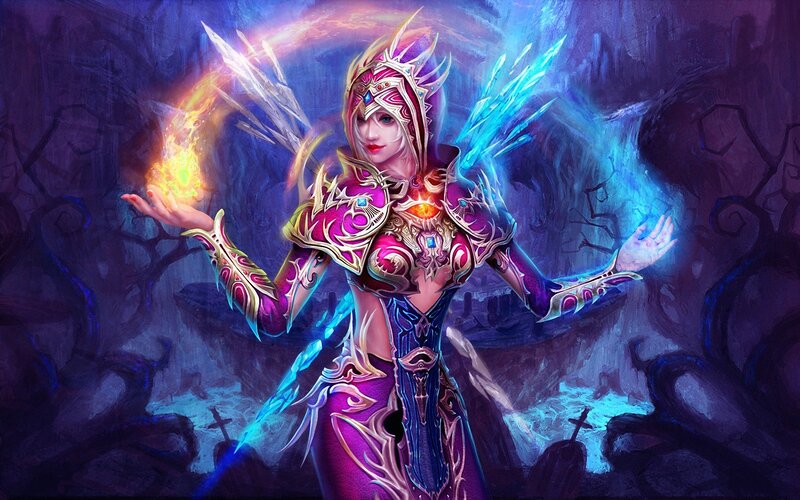 Female Fantasy Warrior — Purple, Dramatic, Night, Digital Art, Fire
