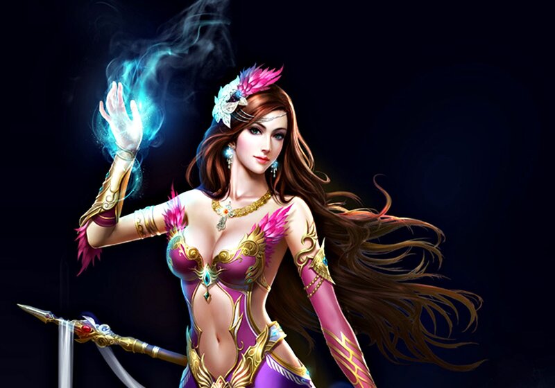 Female Fantasy Warrior — Purple, Dramatic, Night, Digital Art, Magic, Spear, Feather Headdress