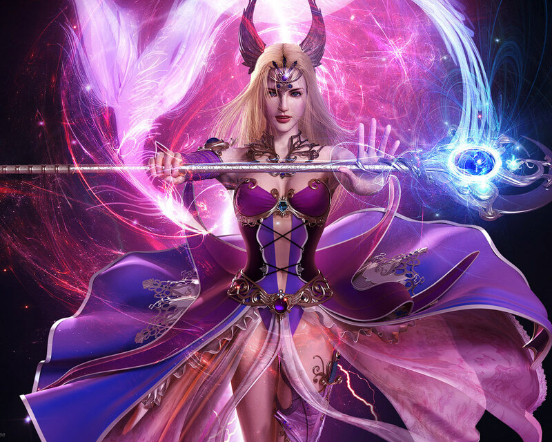 Female Fantasy Warrior — Purple, Dramatic, Night, Digital Art, Scepter