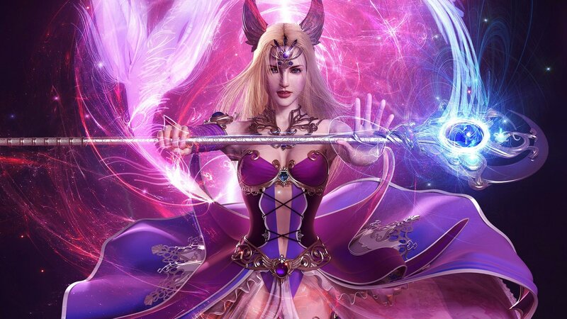 Female Fantasy Warrior — Purple, Dramatic, Night, Digital Art, Staff, Wings