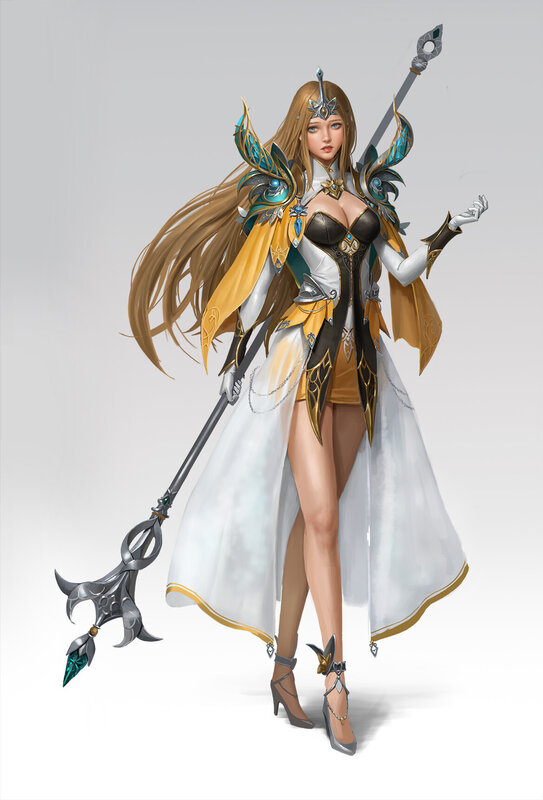 Female Fantasy Warrior — White, Dramatic, Digital Art, Staff