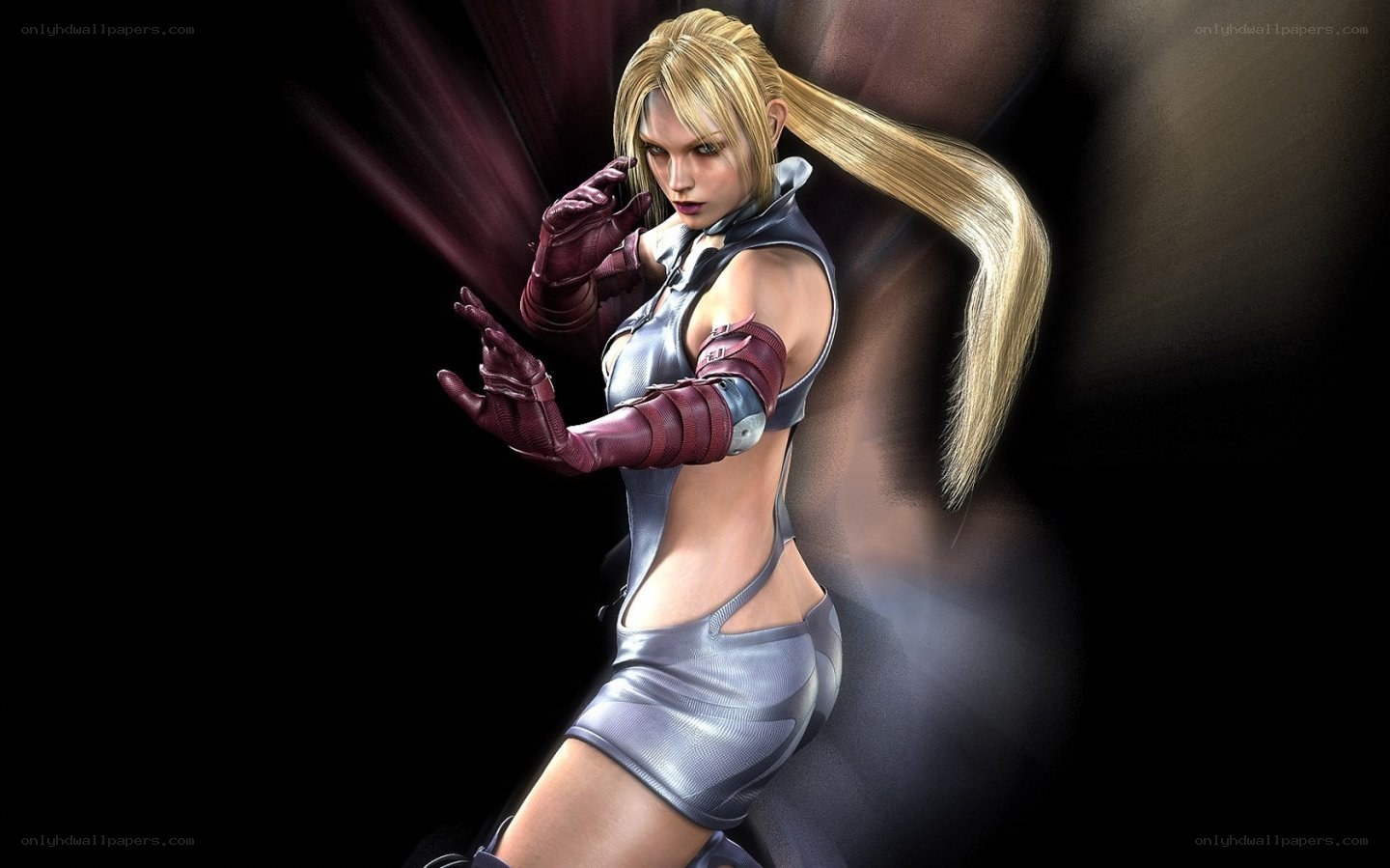 female fighter in silver outfit