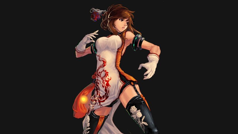 female fighter in white and orange outfit