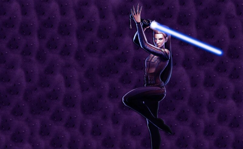 female jedi with blue lightsaber