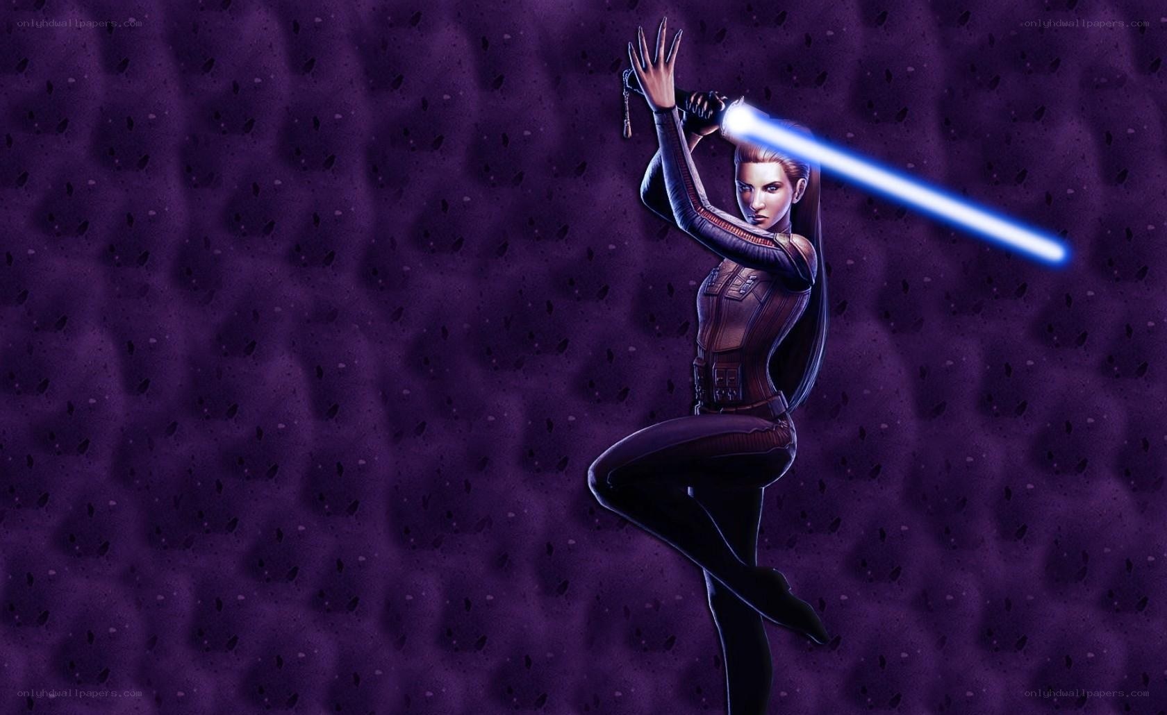 female jedi with blue lightsaber