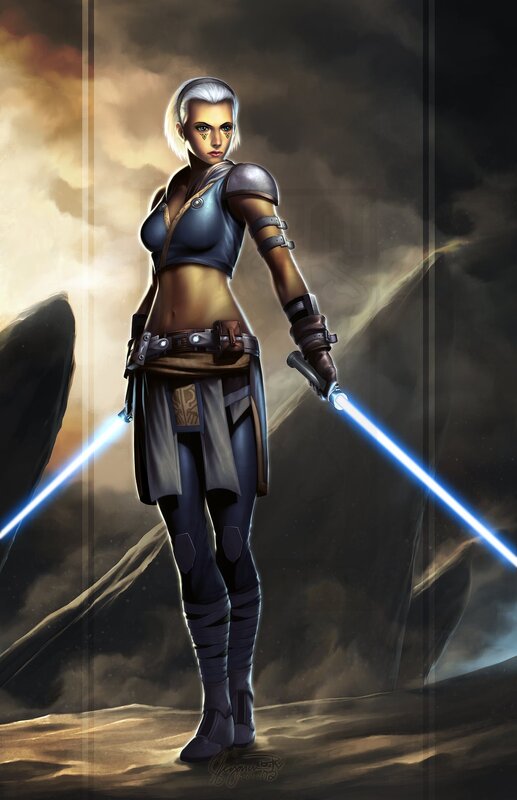 female jedi with dual lightsabers