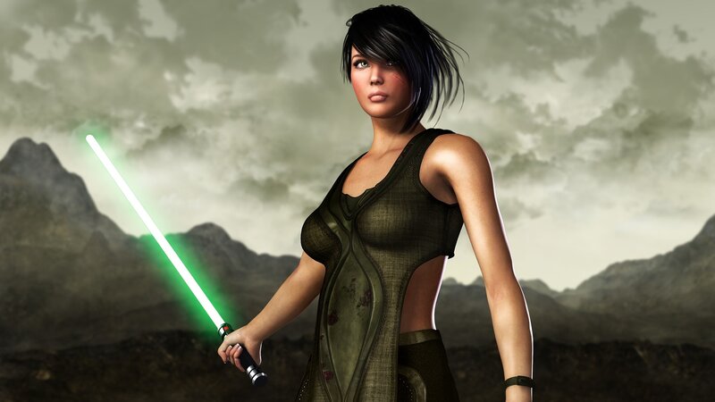 female jedi with green lightsaber