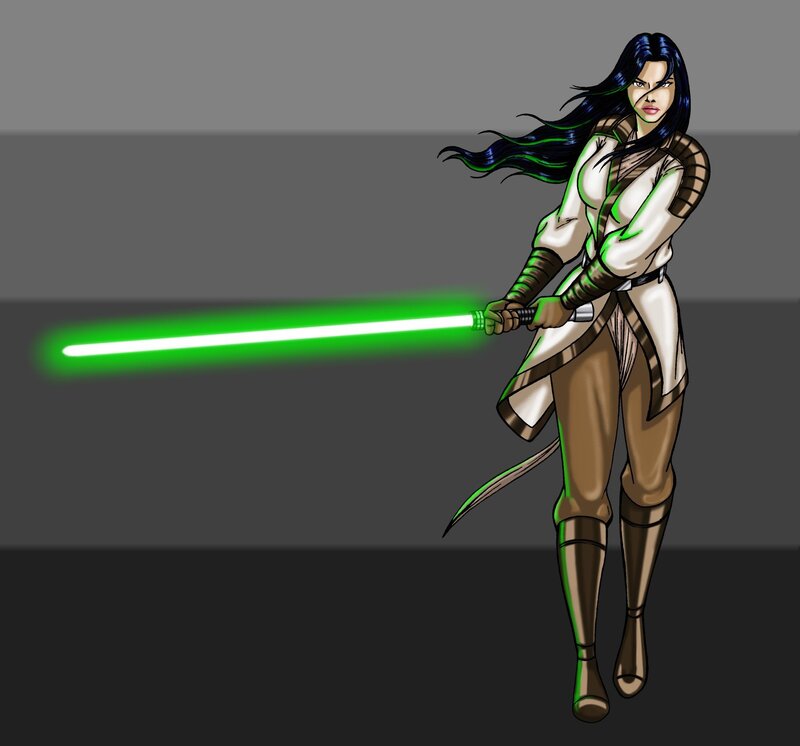 female jedi with green lightsaber