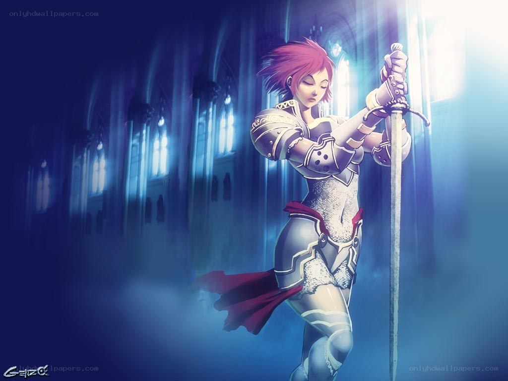 female knight in a cathedral