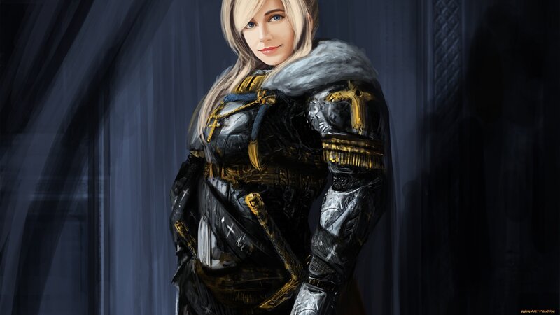 Female Knight in Armor — Black, Dramatic, Digital Art, Blonde Hair, Sword