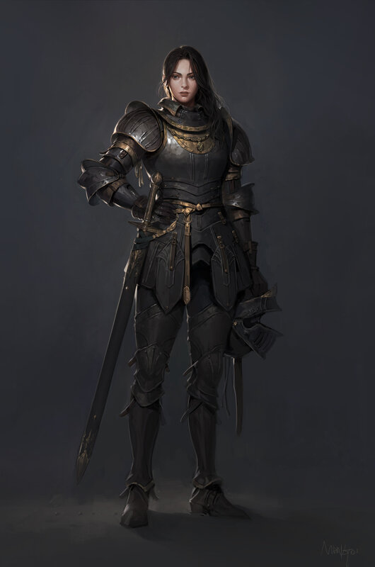 Female Knight in Armor — Black, Dramatic, Digital Art