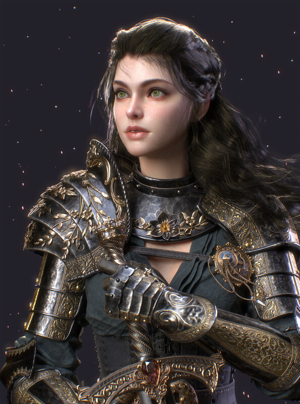 Female Knight in Armor — Black, Dramatic, Night, 3d Render