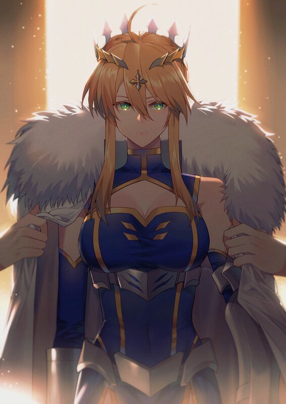 Female Knight in Armor — Blue, Dramatic, Anime, Crown, Fur Cloak