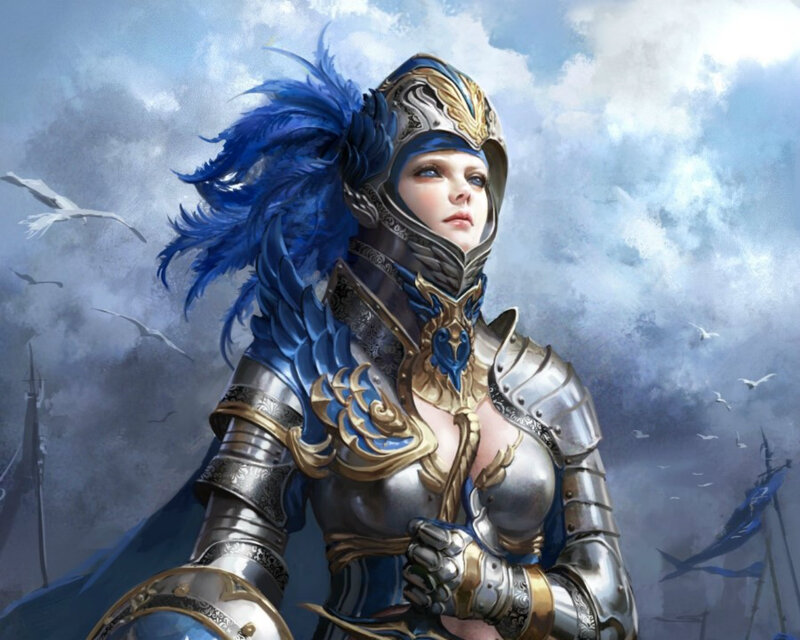 Female Knight in Armor — Blue, Dramatic, Digital Art, Feathered Helmet