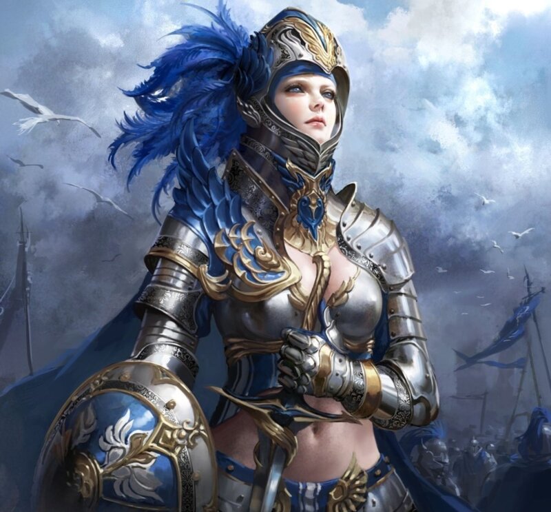 Female Knight in Armor — Blue, Dramatic, Digital Art, Shield