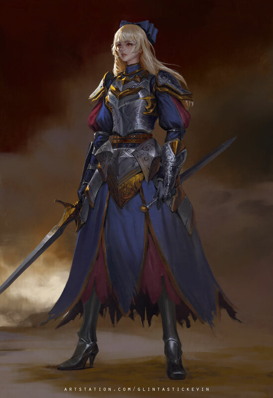 Female Knight in Armor — Blue, Dramatic, Digital Art, Sword, Cape