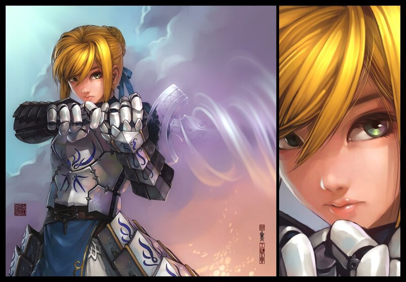 Female Knight in Armor — Blue, Dramatic, Digital Art, Sword, Clouds