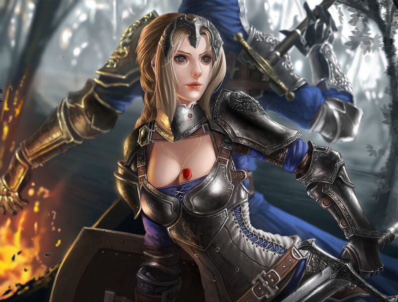 Female Knight in Armor — Blue, Dramatic, Digital Art, Sword, Shield, Fire