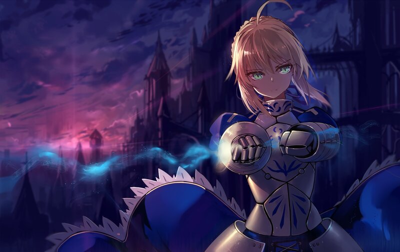 Female Knight in Armor — Blue, Dramatic, Night, Anime, Castle