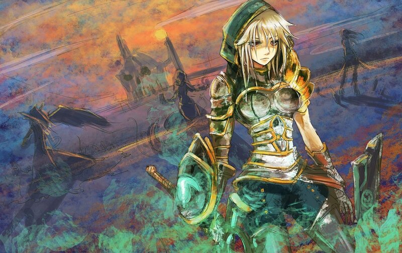 Female Knight in Armor — Blue, Dramatic, Sunset, Digital Art, Swords