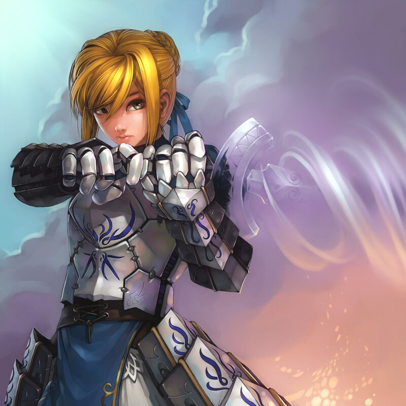 Female Knight in Armor — Blue, Dramatic, Sunset, Digital Art