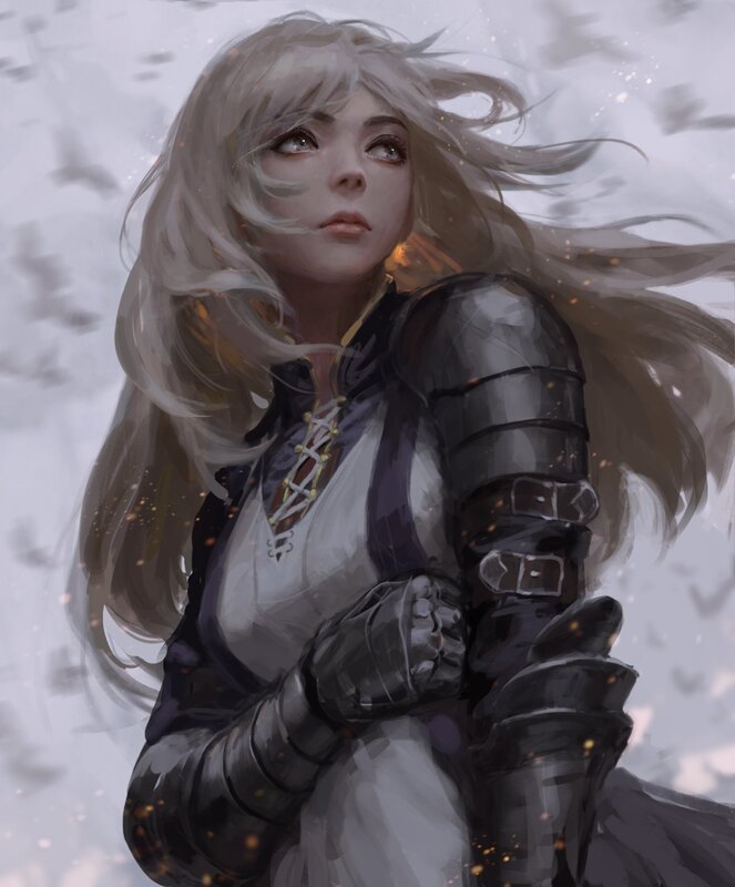 Female Knight in Armor — Gray, Dramatic, Digital Art, Long Hair, Sparkles