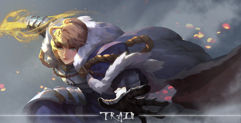 Female Knight in Armor — Gray, Dramatic, Digital Art, Sword, Flame